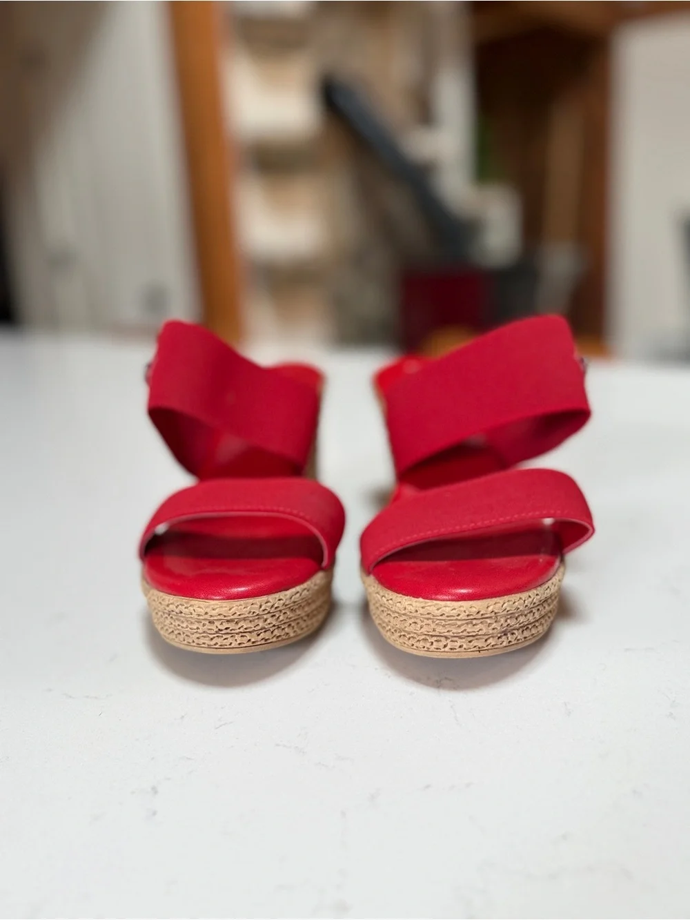 easy street Red Elastic Strap Wedge Sandals with Jute Platform